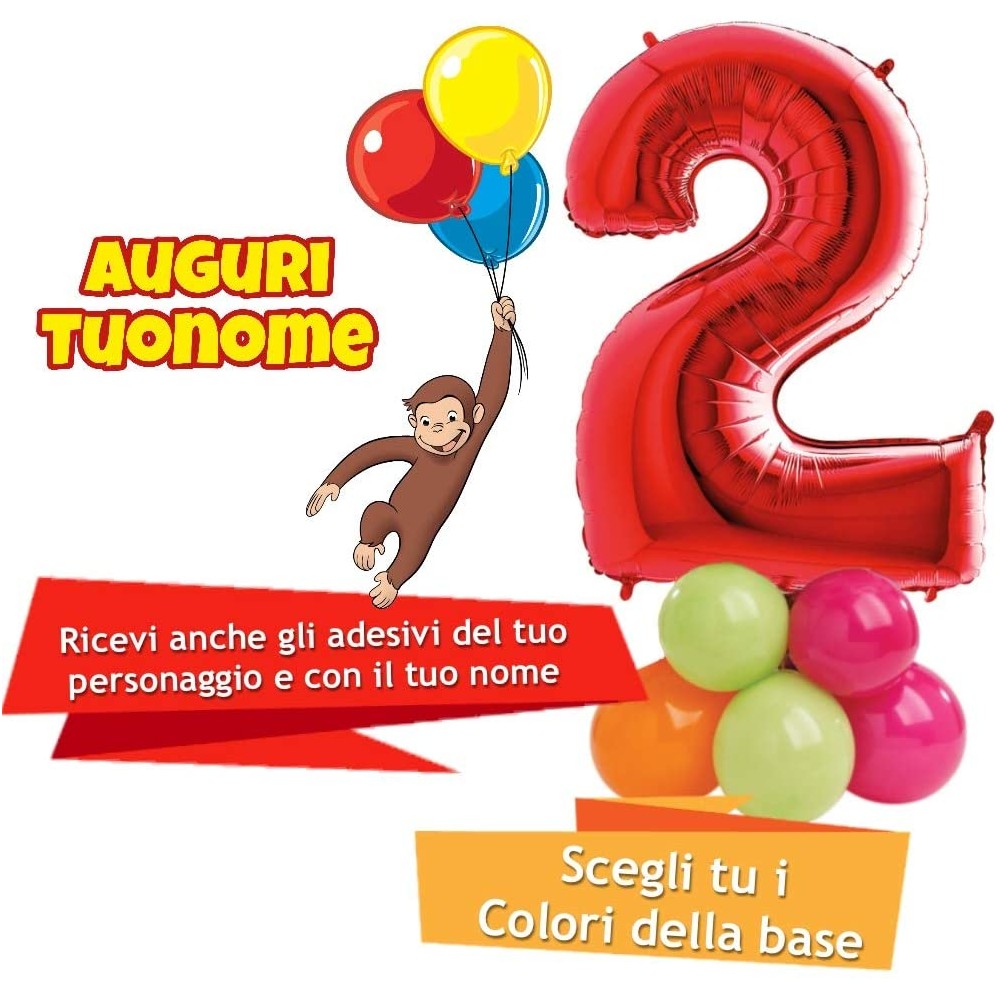 Composizione palloncino N 2 Rosso e adesivi Curioso come George, per feste