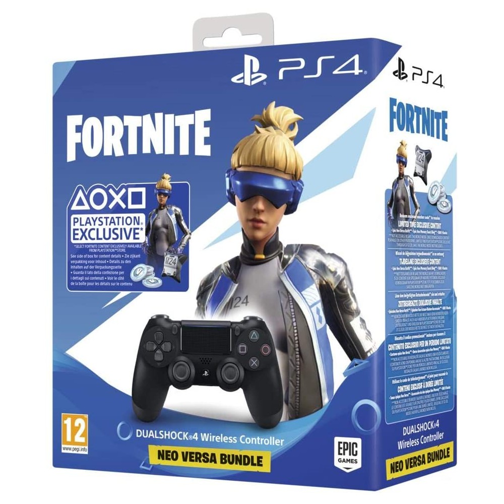 PlayStation 4 e videogioco Fortnite, con dualshock4, gaming