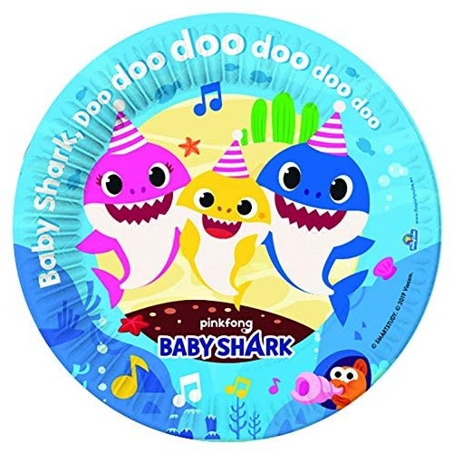 Confezione da 8 Piatti tondi Baby Shark da cm 18, colorati, per feste