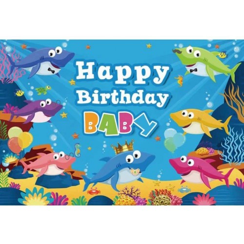 Sfondo fotografico Baby Shark, Buon compleanno da 1,5 x 1m