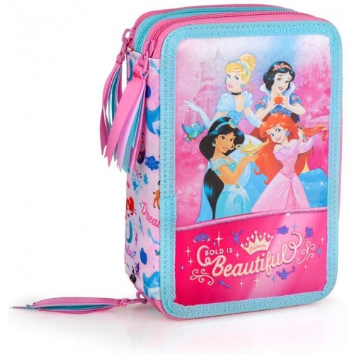 Astuccio Scuola Principesse Disney, 3 scoparti, completo di accessori