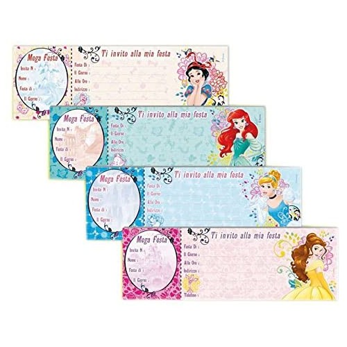 Blocco da 15 inviti compleanno Principesse Disney, grafiche assortite