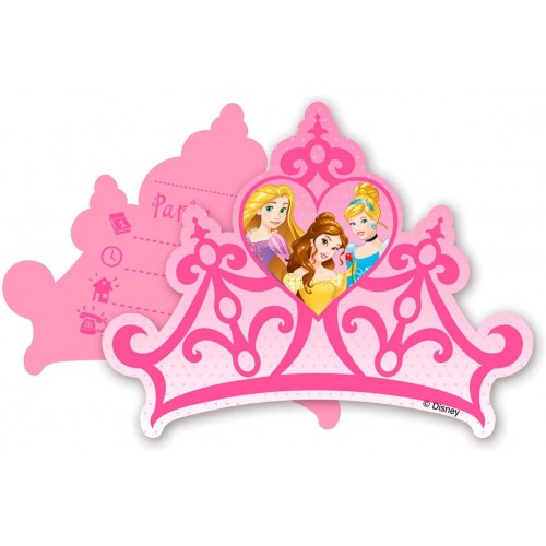 Set da 6 Inviti Principesse Disney a forma di corona, sagomati