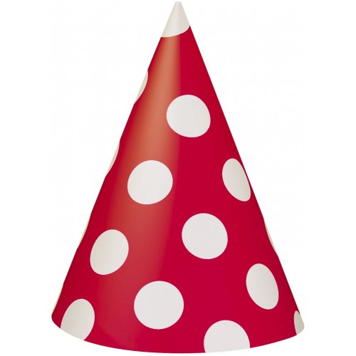 Set da 8 cappellini rossi a pois bianchi, forma cono, per feste